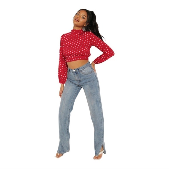 Boohoo High Neck Cropped Top Trendy Red White Polka Dot Long Sleeve Tie Back Top - Picture 2 of 4